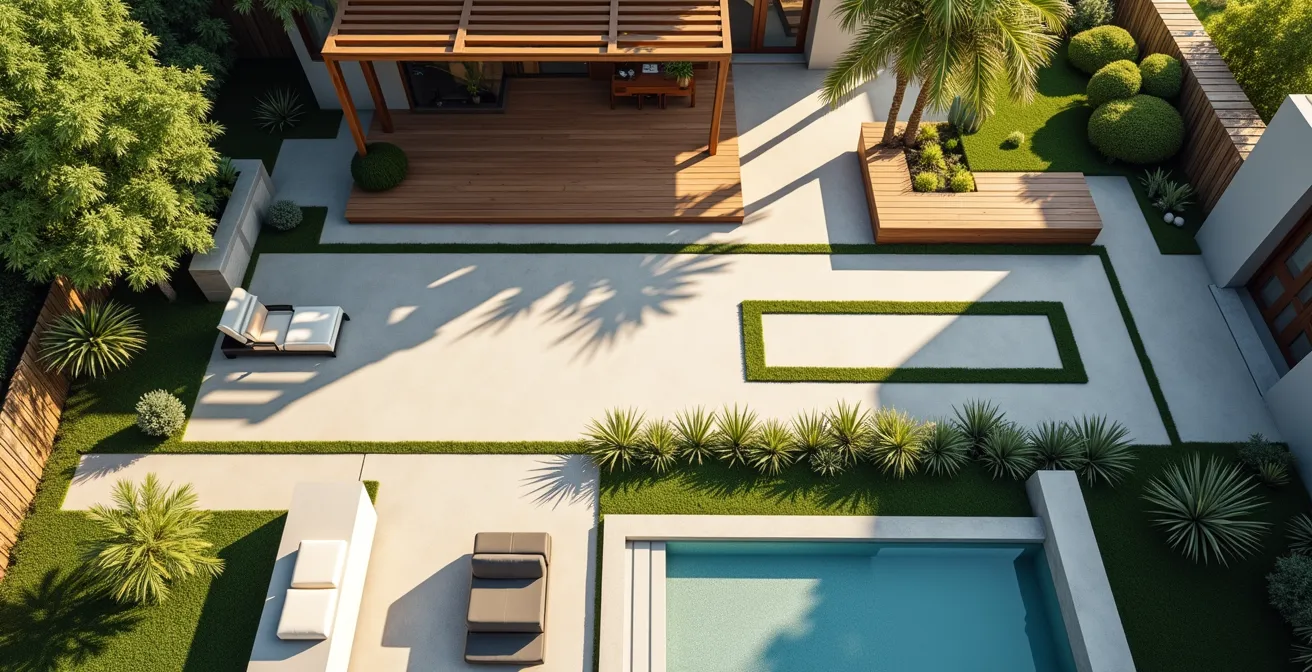 Vue aérienne montrant les trajectoires de circulation entre maison, pergola et jardin