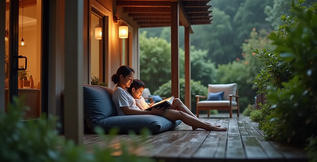 Famille utilisant sa terrasse sous pergola pendant une journée pluvieuse