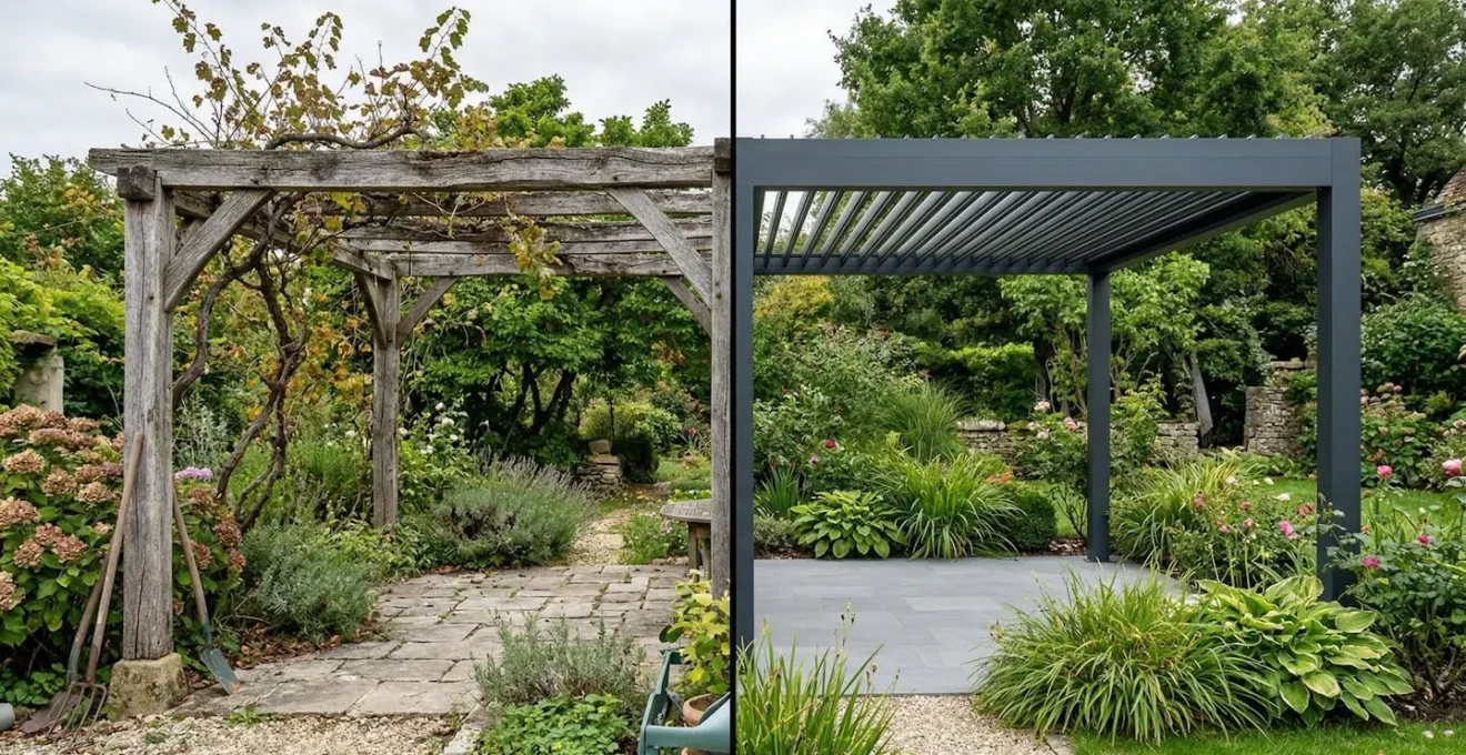 Pergola bois grisaillée à gauche vs pergola aluminium intacte à droite après 10 ans