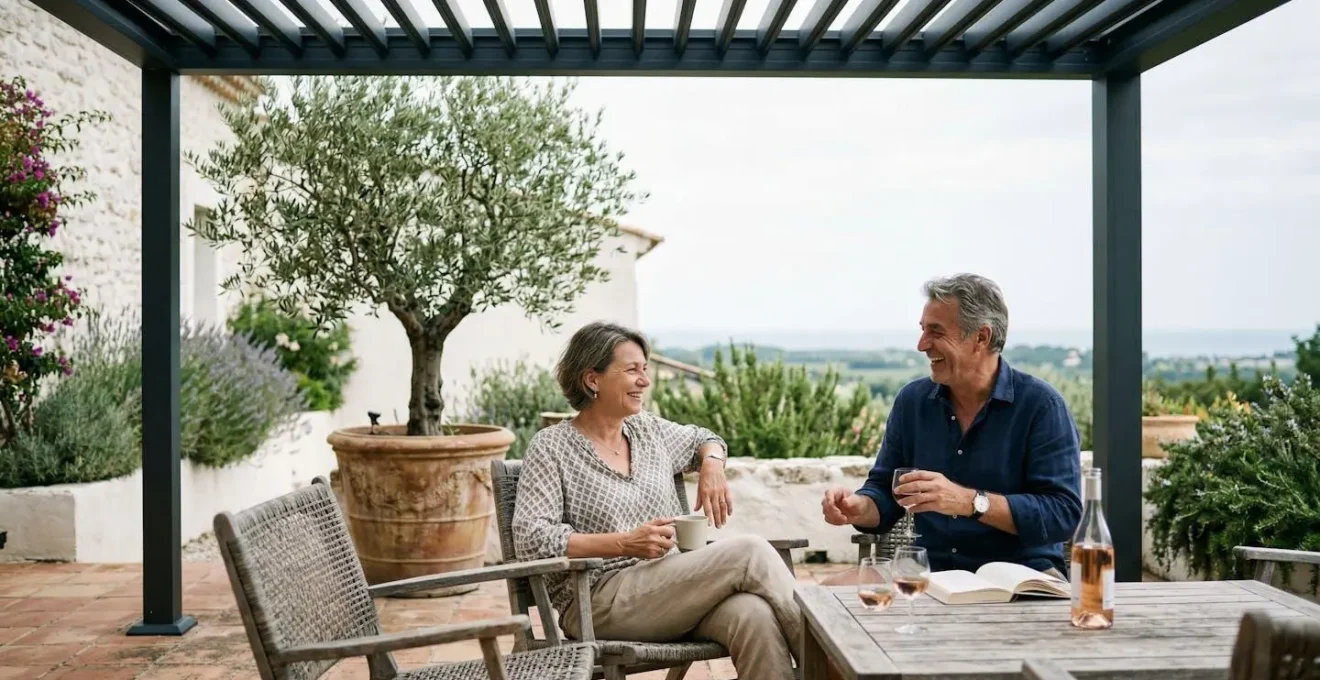 Pergola aluminium bioclimatique sur terrasse méditerranéenne avec couple profitant de l'ombre filtrée