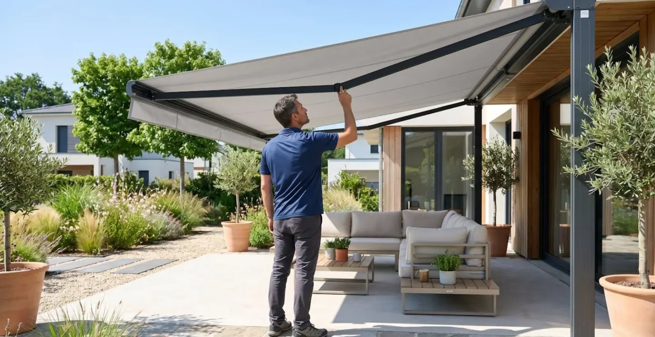 Personne de dos vérifiant l'installation d'un store double pente déployé dans un jardin moderne avec terrasse ensoleillée