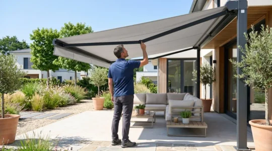 Personne de dos vérifiant l'installation d'un store double pente déployé dans un jardin moderne avec terrasse ensoleillée