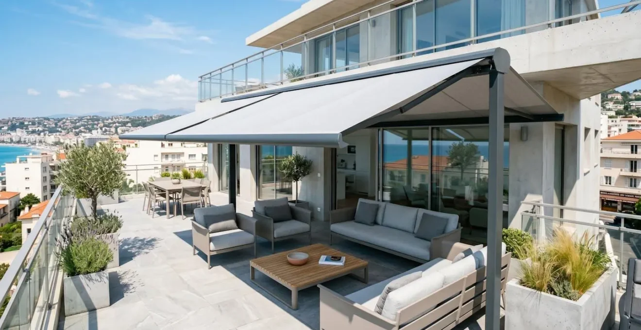 Terrasse contemporaine avec store double pente déployé dans un environnement extérieur lumineux et épuré