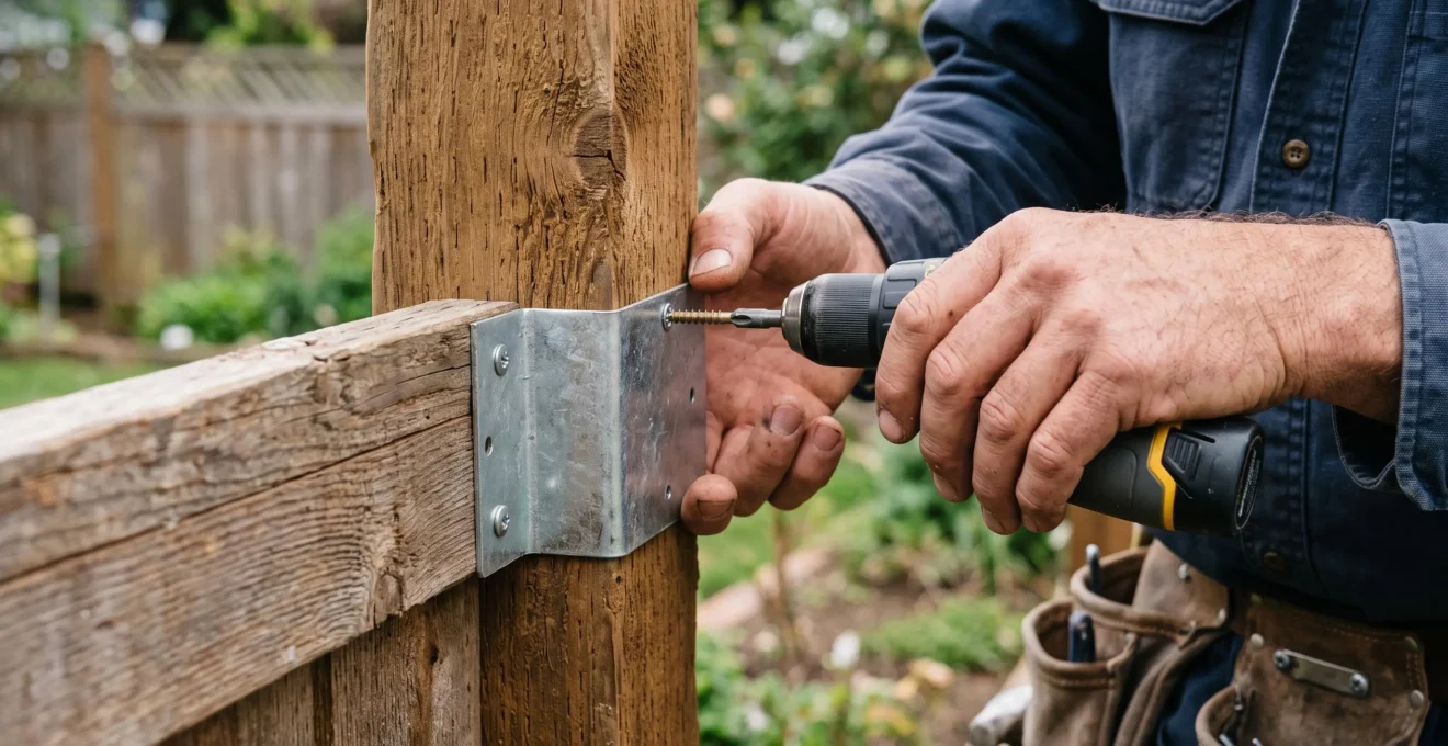 Close-up of professional hands using a power drill to secure metal brackets attaching fence panel to post.