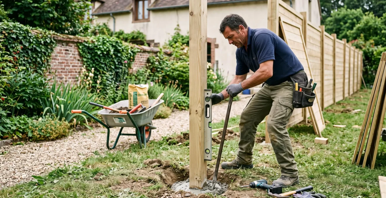 Professional installer securing a wooden fence post in a residential garden in France.