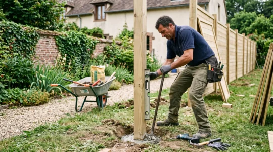 Professional installer securing a wooden fence post in a residential garden in France.