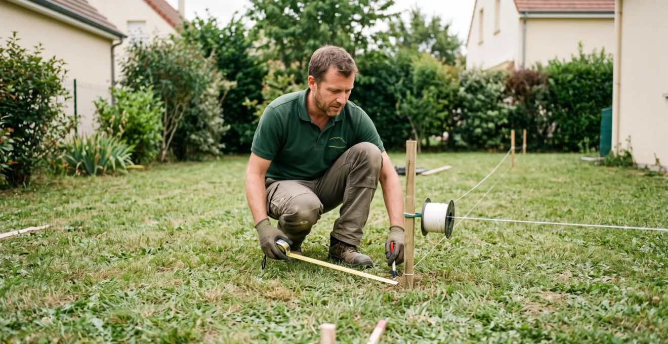 Contractor measuring and marking the ground with stakes and string line for fence installation.